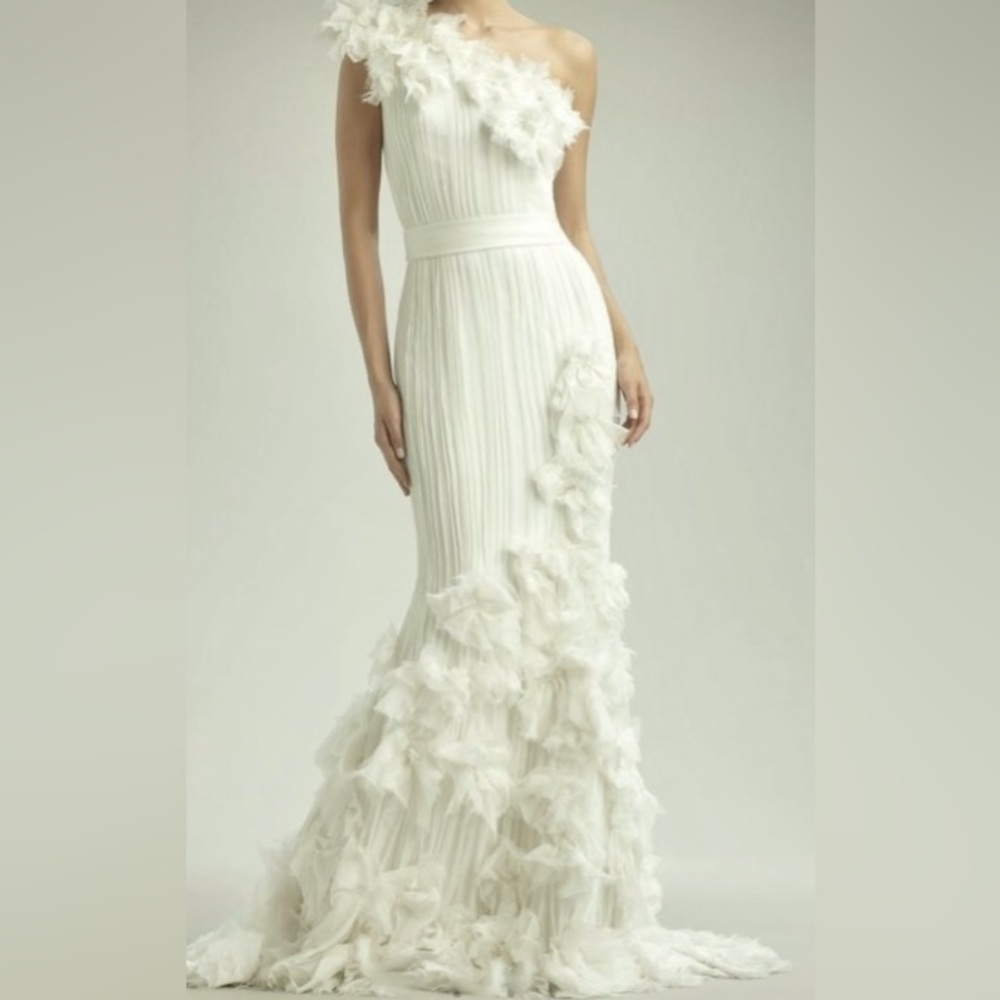 Tadashi Shoji One Shoulder Pintucked Appliqué Gown